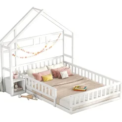 Enfant Okwish Lit Cabane 140 x 200 cm - Lit enfant avec Balustrade et Tables de Chevet - Bois + MDF - Sans Matelas - Blanc