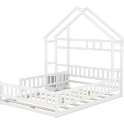 Enfant Okwish Lit Cabane 140 x 200 cm - Lit enfant avec Balustrade et Tables de Chevet - Bois + MDF - Sans Matelas - Blanc