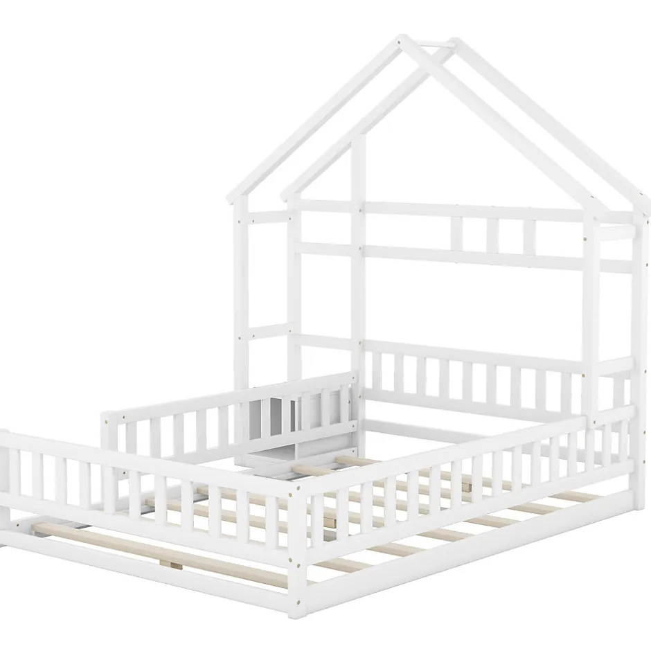 Enfant Okwish Lit Cabane 140 x 200 cm - Lit enfant avec Balustrade et Tables de Chevet - Bois + MDF - Sans Matelas - Blanc