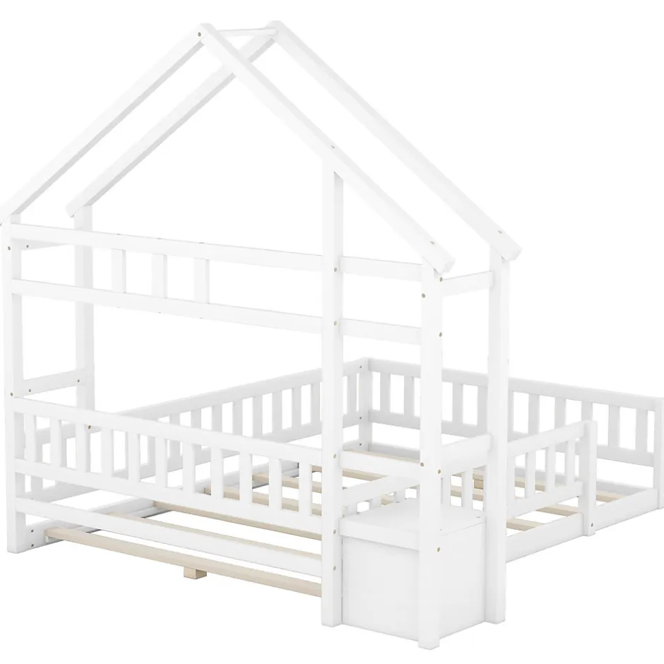 Enfant Okwish Lit Cabane 140 x 200 cm - Lit enfant avec Balustrade et Tables de Chevet - Bois + MDF - Sans Matelas - Blanc