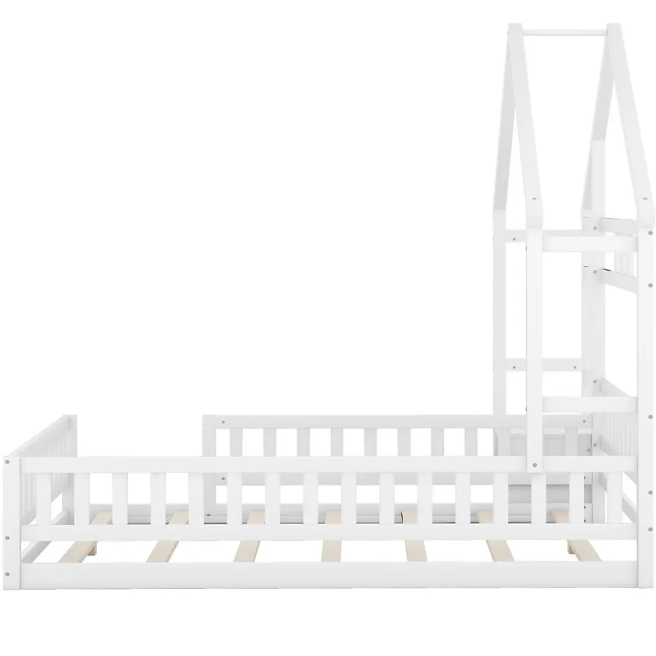 Enfant Okwish Lit Cabane 140 x 200 cm - Lit enfant avec Balustrade et Tables de Chevet - Bois + MDF - Sans Matelas - Blanc