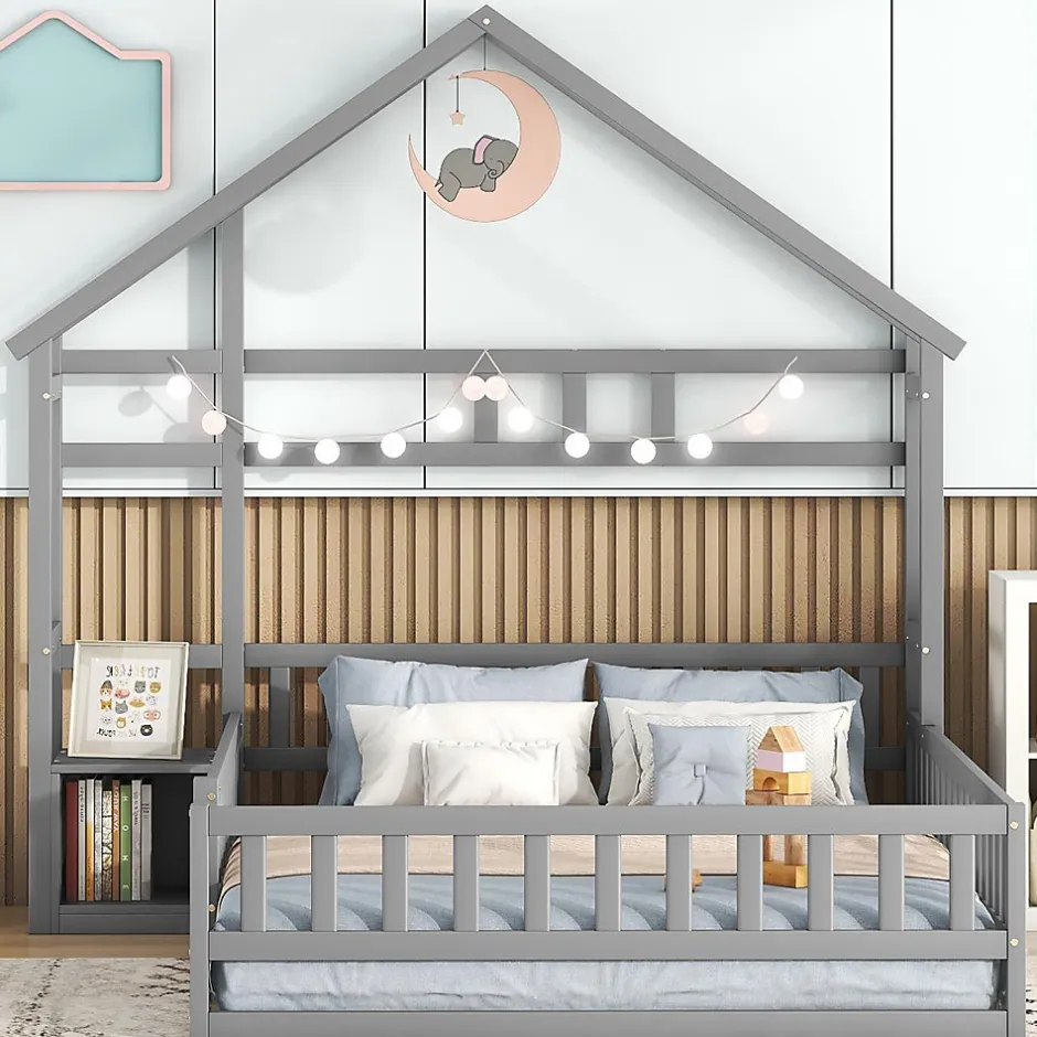 Enfant Okwish Lit Cabane 140 x 200 cm - Lit enfant avec Balustrade et Tables de Chevet - Bois + MDF - Sans Matelas - Gris