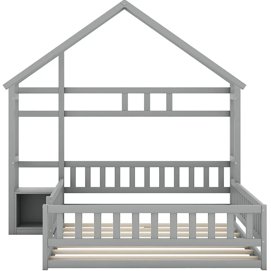 Enfant Okwish Lit Cabane 140 x 200 cm - Lit enfant avec Balustrade et Tables de Chevet - Bois + MDF - Sans Matelas - Gris