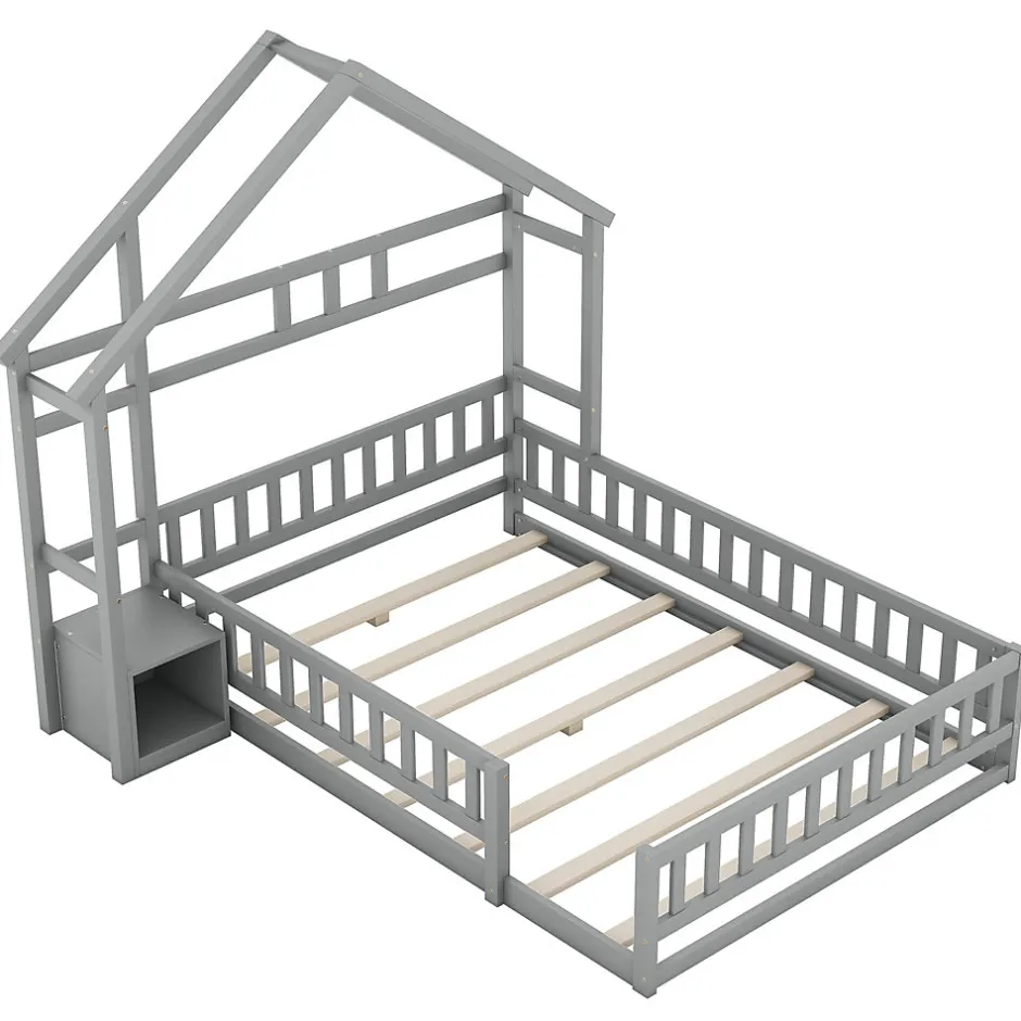Enfant Okwish Lit Cabane 140 x 200 cm - Lit enfant avec Balustrade et Tables de Chevet - Bois + MDF - Sans Matelas - Gris