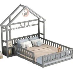 Enfant Okwish Lit Cabane 140 x 200 cm - Lit enfant avec Balustrade et Tables de Chevet - Bois + MDF - Sans Matelas - Gris