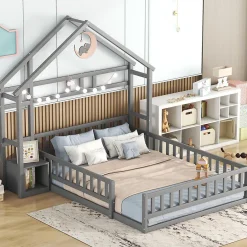 Enfant Okwish Lit Cabane 140 x 190 cm - Lit enfant avec Balustrade et Tables de Chevet - Bois + MDF - Sans Matelas - Gris