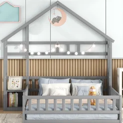 Enfant Okwish Lit Cabane 140 x 190 cm - Lit enfant avec Balustrade et Tables de Chevet - Bois + MDF - Sans Matelas - Gris