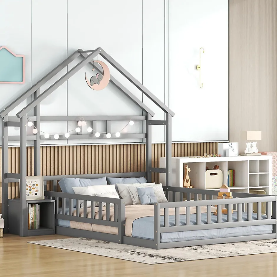 Enfant Okwish Lit Cabane 140 x 190 cm - Lit enfant avec Balustrade et Tables de Chevet - Bois + MDF - Sans Matelas - Gris