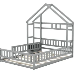 Enfant Okwish Lit Cabane 140 x 190 cm - Lit enfant avec Balustrade et Tables de Chevet - Bois + MDF - Sans Matelas - Gris