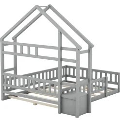 Enfant Okwish Lit Cabane 140 x 190 cm - Lit enfant avec Balustrade et Tables de Chevet - Bois + MDF - Sans Matelas - Gris