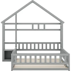 Enfant Okwish Lit Cabane 140 x 190 cm - Lit enfant avec Balustrade et Tables de Chevet - Bois + MDF - Sans Matelas - Gris