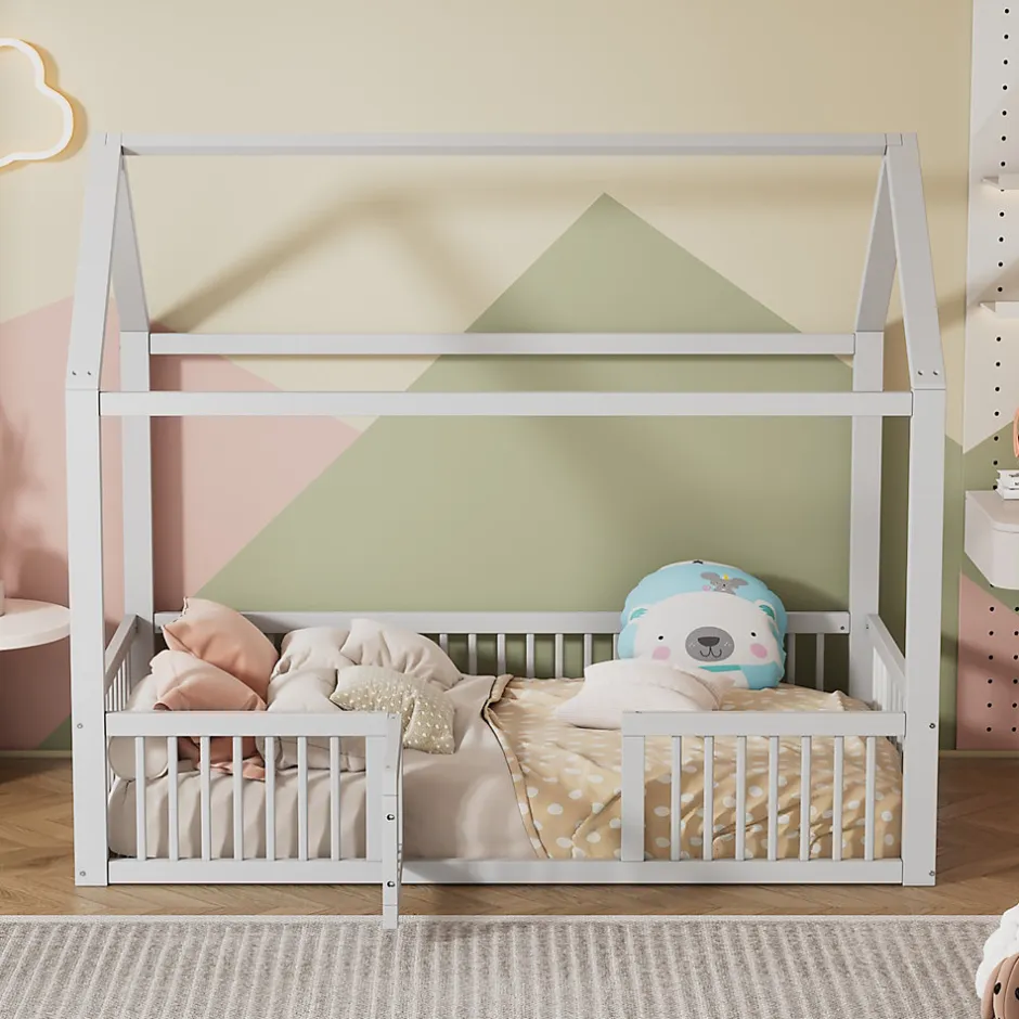 Enfant Okwish Lit Cabane 90 x 200 cm - Lit Simple avec Cadre en Bois et Sommier à Lattes - Pin + MDF - Sans Matelas - Blanc