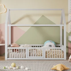 Enfant Okwish Lit Cabane 90 x 200 cm - Lit Simple avec Cadre en Bois et Sommier à Lattes - Pin + MDF - Sans Matelas - Blanc