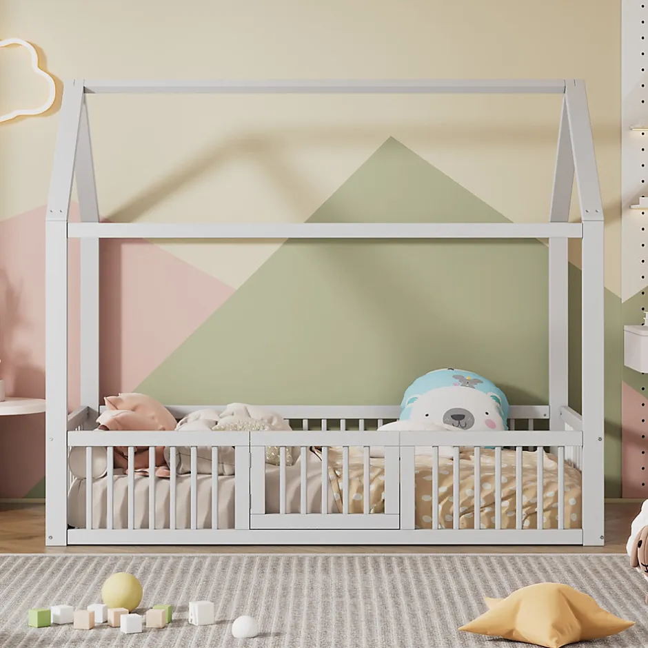 Enfant Okwish Lit Cabane 90 x 200 cm - Lit Simple avec Cadre en Bois et Sommier à Lattes - Pin + MDF - Sans Matelas - Blanc
