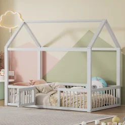 Enfant Okwish Lit Cabane 90 x 200 cm - Lit Simple avec Cadre en Bois et Sommier à Lattes - Pin + MDF - Sans Matelas - Blanc