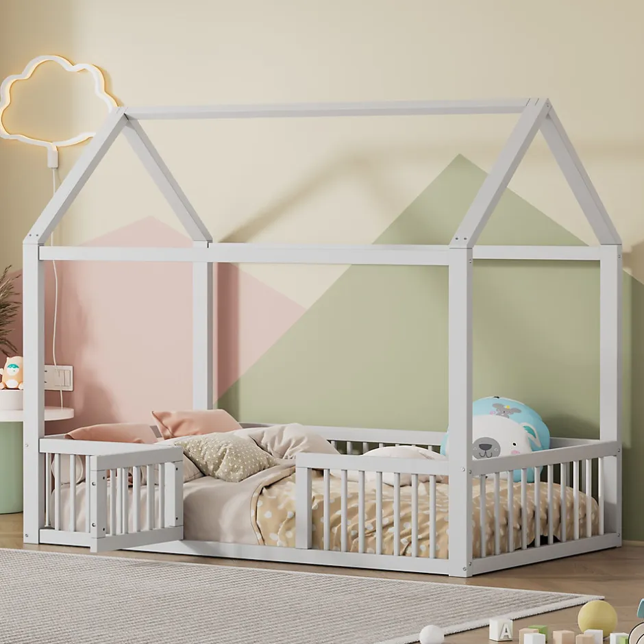 Enfant Okwish Lit Cabane 90 x 200 cm - Lit Simple avec Cadre en Bois et Sommier à Lattes - Pin + MDF - Sans Matelas - Blanc