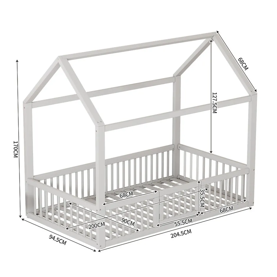 Enfant Okwish Lit Cabane 90 x 200 cm - Lit Simple avec Cadre en Bois et Sommier à Lattes - Pin + MDF - Sans Matelas - Blanc