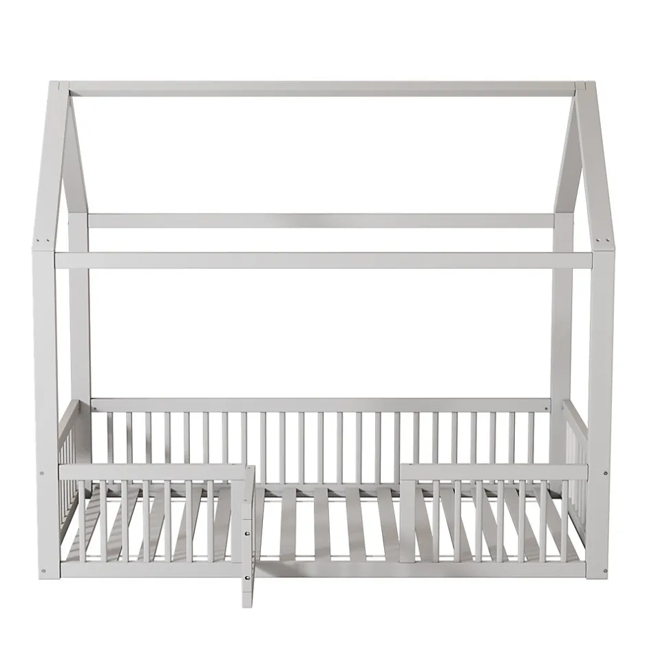 Enfant Okwish Lit Cabane 90 x 200 cm - Lit Simple avec Cadre en Bois et Sommier à Lattes - Pin + MDF - Sans Matelas - Blanc