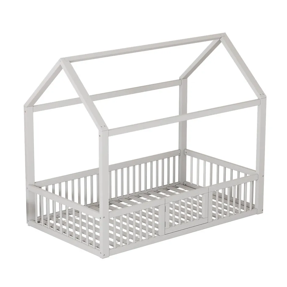Enfant Okwish Lit Cabane 90 x 200 cm - Lit Simple avec Cadre en Bois et Sommier à Lattes - Pin + MDF - Sans Matelas - Blanc