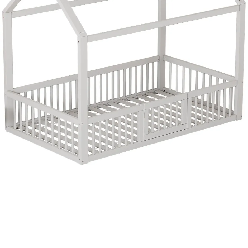 Enfant Okwish Lit Cabane 90 x 200 cm - Lit Simple avec Cadre en Bois et Sommier à Lattes - Pin + MDF - Sans Matelas - Blanc