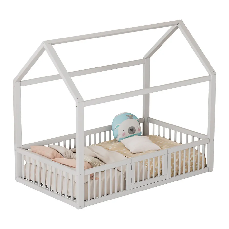Enfant Okwish Lit Cabane 90 x 200 cm - Lit Simple avec Cadre en Bois et Sommier à Lattes - Pin + MDF - Sans Matelas - Blanc