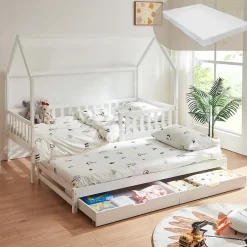 [En.Casa] Lit cabane double Aarghonmaa avec matelas 90 x 200 cm blanc en.casa Hot