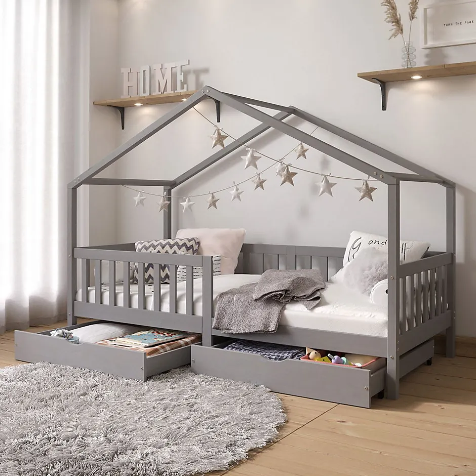 Idimex Lit cabane ELEA avec tiroirs, 90 x 200 cm en pin massif lasuré gris Best