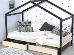 Vente-unique Lit cabane ELFIA - 2 tiroirs - 90 x 190 cm - Epicéa massif - Naturel et Noir Sale
