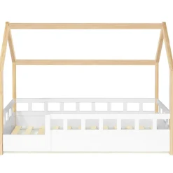 Enfant IDMarket Lit cabane enfant 80 x 160 CM NEREE blanc et hêtre avec sommier et barrières