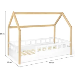 Enfant IDMarket Lit cabane enfant 80 x 160 CM NEREE blanc et hêtre avec sommier et barrières