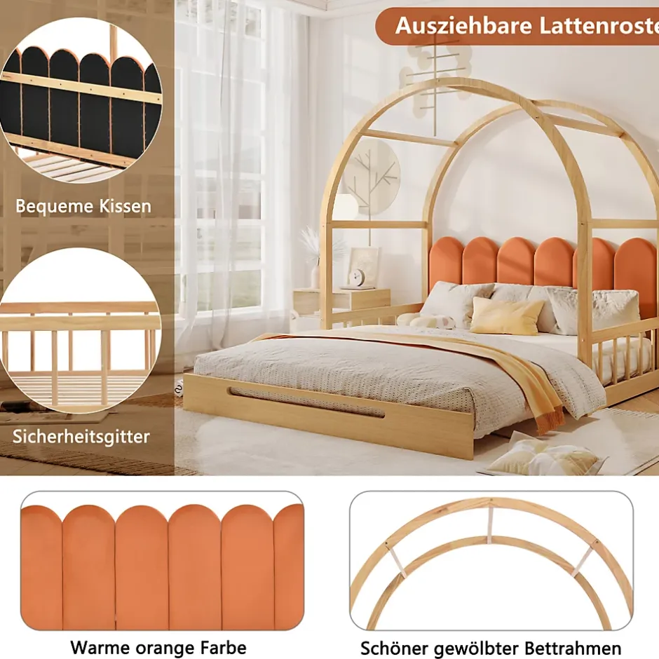 ProximaX Lit cabane enfant extensible 140x100-200 cm avec lit gigogne, cadre en pin, coussins en velours, coloris bois naturel et orange Hot