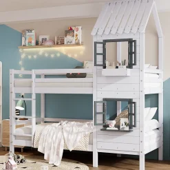Okwish Lit Cabane enfant 90x200 cm - Lit Superposé avec Fenêtres et Garde-Corps Sécurisé, Maison en Pin Massif, Sans Matelas - Blanc Online