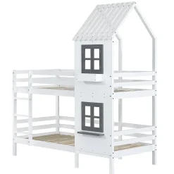Okwish Lit Cabane enfant 90x200 cm - Lit Superposé avec Fenêtres et Garde-Corps Sécurisé, Maison en Pin Massif, Sans Matelas - Blanc Online