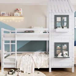 Okwish Lit Cabane enfant 90x200 cm - Lit Superposé avec Fenêtres et Garde-Corps Sécurisé, Maison en Pin Massif, Sans Matelas - Blanc Online
