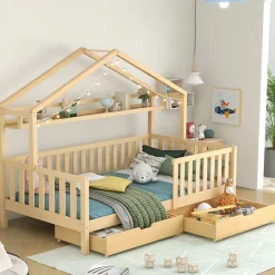 ModernLuxe Lit cabane enfant 90x200cm - avec 2 tiroirs - bois massif avec sommier à lattes - naturel (sans matelas) Hot