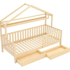 ModernLuxe Lit cabane enfant 90x200cm - avec 2 tiroirs - bois massif avec sommier à lattes - naturel (sans matelas) Hot