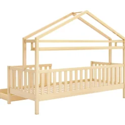 ModernLuxe Lit cabane enfant 90x200cm - avec 2 tiroirs - bois massif avec sommier à lattes - naturel (sans matelas) Hot