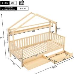 ModernLuxe Lit cabane enfant 90x200cm - avec 2 tiroirs - bois massif avec sommier à lattes - naturel (sans matelas) Hot