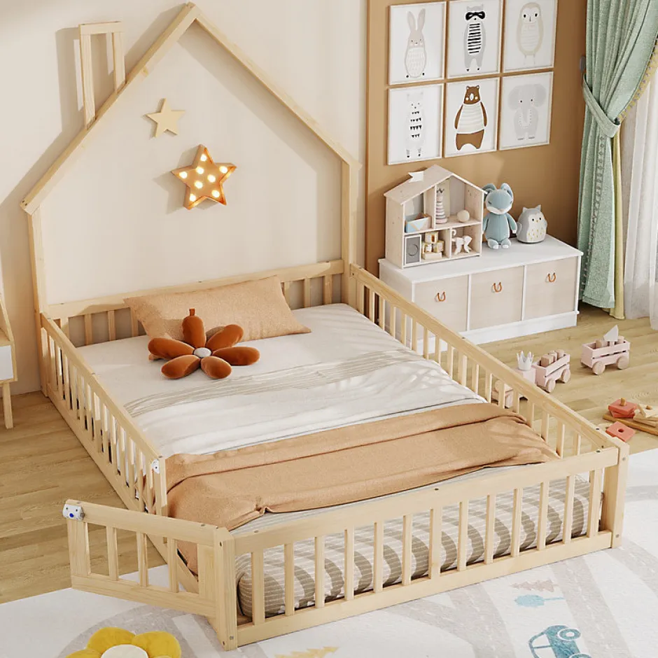 ModernLuxe Lit cabane enfant 140x190cm - sommier à lattes - 1 porte - naturel (matelas non inclus) Sale