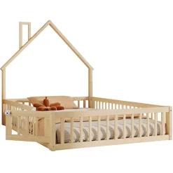 ModernLuxe Lit cabane enfant 140x190cm - sommier à lattes - 1 porte - naturel (matelas non inclus) Sale