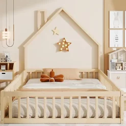 ModernLuxe Lit cabane enfant 140x190cm - sommier à lattes - 1 porte - naturel (matelas non inclus) Sale