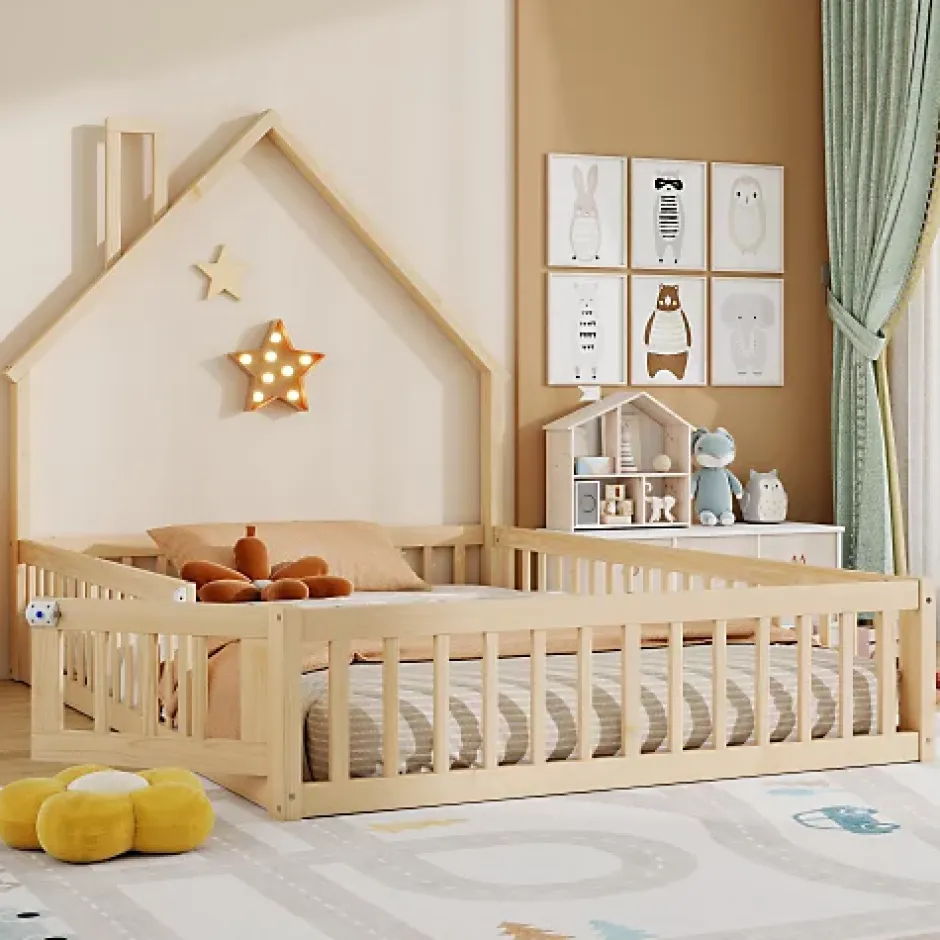 ModernLuxe Lit cabane enfant 140x190cm - sommier à lattes - 1 porte - naturel (matelas non inclus) Sale