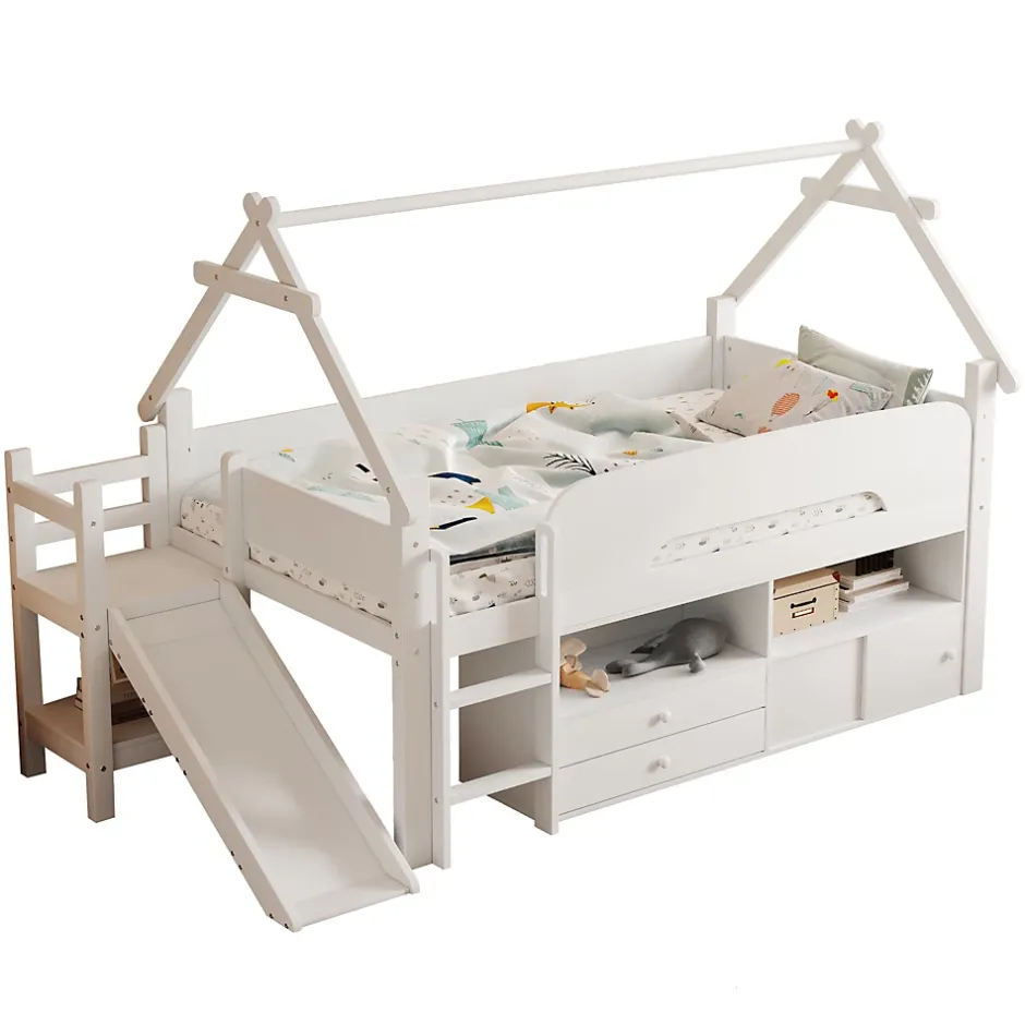 ModernLuxe Lit cabane enfant 90x200cm - toboggan - 2 tiroirs - barrières de sécurité - blanc (matelas non inclus) Discount