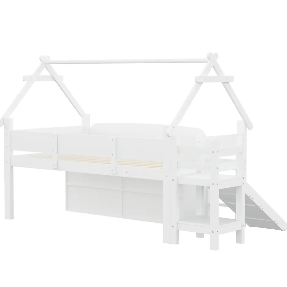 ModernLuxe Lit cabane enfant 90x200cm - toboggan - 2 tiroirs - barrières de sécurité - blanc (matelas non inclus) Discount