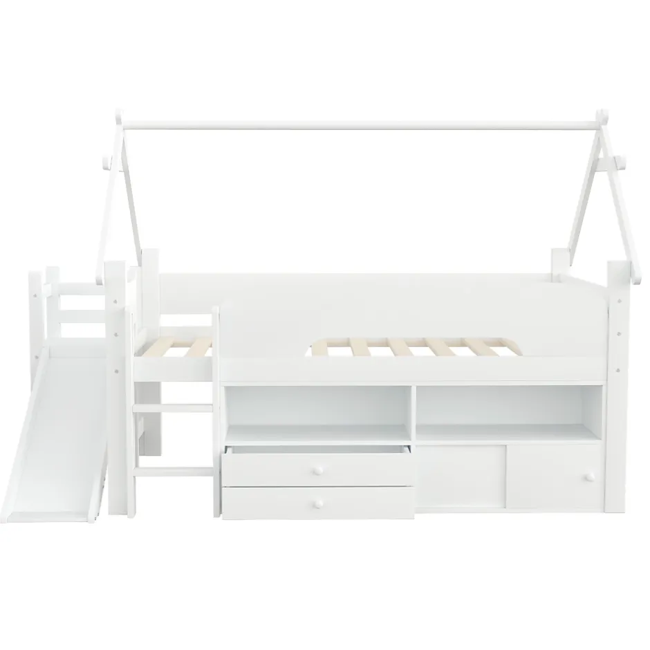 ModernLuxe Lit cabane enfant 90x200cm - toboggan - 2 tiroirs - barrières de sécurité - blanc (matelas non inclus) Discount