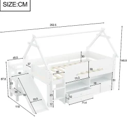 ModernLuxe Lit cabane enfant 90x200cm - toboggan - 2 tiroirs - barrières de sécurité - blanc (matelas non inclus) Discount