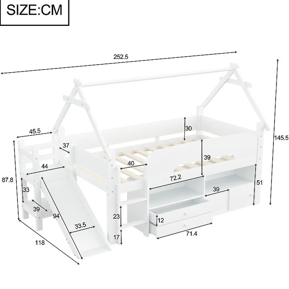 ModernLuxe Lit cabane enfant 90x200cm - toboggan - 2 tiroirs - barrières de sécurité - blanc (matelas non inclus) Discount