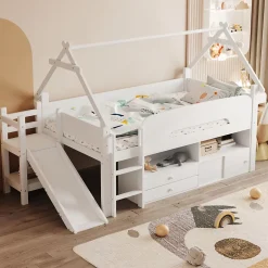 ModernLuxe Lit cabane enfant 90x200cm - toboggan - 2 tiroirs - barrières de sécurité - blanc (matelas non inclus) Discount