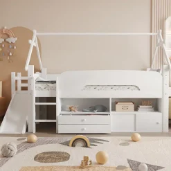 ModernLuxe Lit cabane enfant 90x200cm - toboggan - 2 tiroirs - barrières de sécurité - blanc (matelas non inclus) Discount