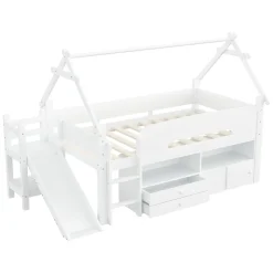 ModernLuxe Lit cabane enfant 90x200cm - toboggan - 2 tiroirs - barrières de sécurité - blanc (matelas non inclus) Discount